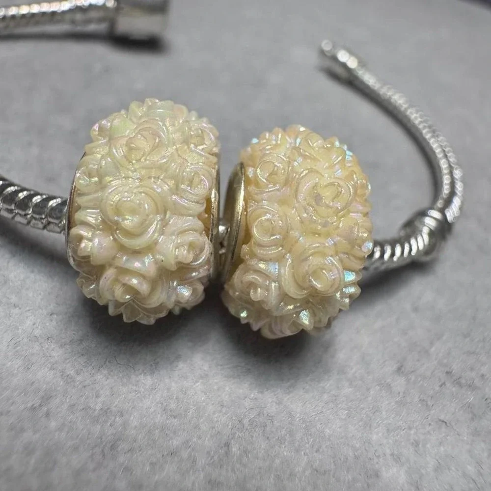 2Pcs Iridescent Yellow Rose Flower Beads Charm fits PANDORA